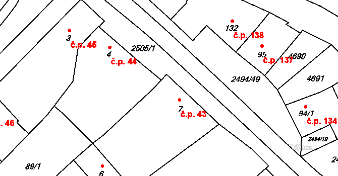 Mouřínov 43 na parcele st. 7 v KÚ Mouřínov, Katastrální mapa