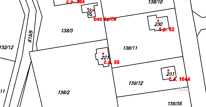 Rajchardov 55, Hradištko na parcele st. 221 v KÚ Hradištko pod Medníkem, Katastrální mapa