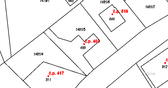 Zbiroh 403 na parcele st. 498 v KÚ Zbiroh, Katastrální mapa