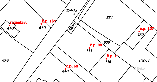Hlavečník 88 na parcele st. 111 v KÚ Hlavečník, Katastrální mapa