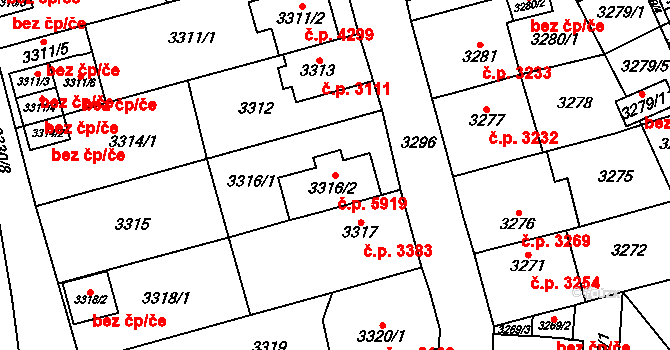 Chomutov 5919 na parcele st. 3316/2 v KÚ Chomutov I, Katastrální mapa