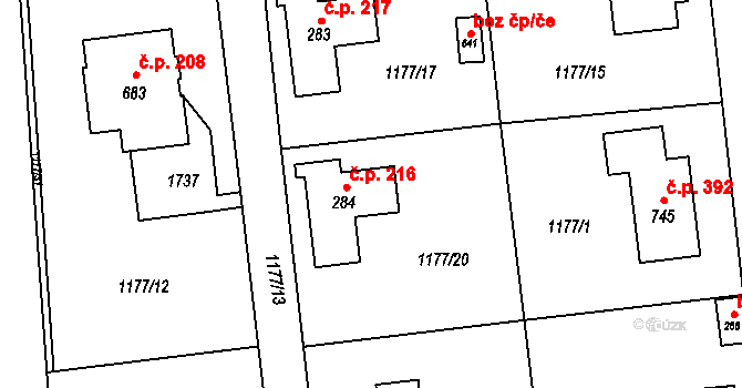 Prostřední Lánov 216, Lánov na parcele st. 284 v KÚ Prostřední Lánov, Katastrální mapa
