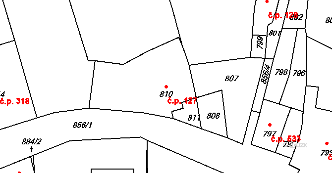 Koryčany 127 na parcele st. 810 v KÚ Koryčany, Katastrální mapa