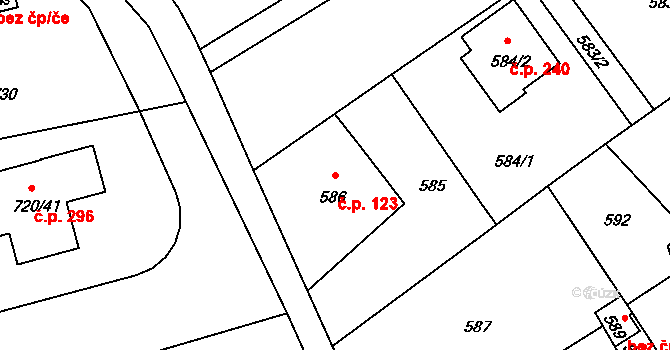 Černé Budy 123, Sázava na parcele st. 586 v KÚ Černé Budy, Katastrální mapa