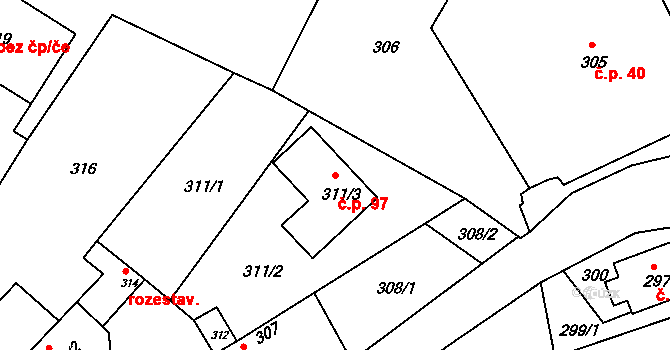 Šindlovy Dvory 97, Litvínovice na parcele st. 311/3 v KÚ Litvínovice, Katastrální mapa