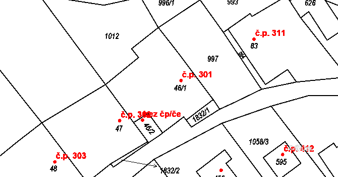 Dobronín 301 na parcele st. 46/1 v KÚ Dobronín, Katastrální mapa