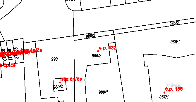 Lyžbice 132, Třinec na parcele st. 988/2 v KÚ Lyžbice, Katastrální mapa