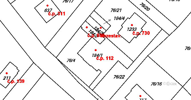 Radošovice 112, Říčany na parcele st. 184/1 v KÚ Říčany-Radošovice, Katastrální mapa