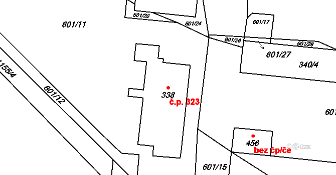 Lomnice 323 na parcele st. 338 v KÚ Lomnice u Tišnova, Katastrální mapa
