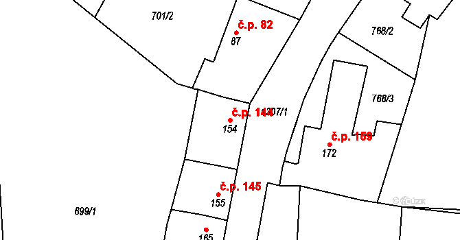 Velké Žernoseky 144 na parcele st. 154 v KÚ Velké Žernoseky, Katastrální mapa