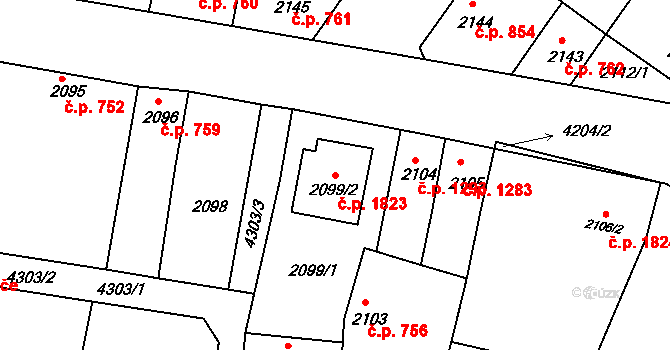 Roudnice nad Labem 1823 na parcele st. 2099/2 v KÚ Roudnice nad Labem, Katastrální mapa