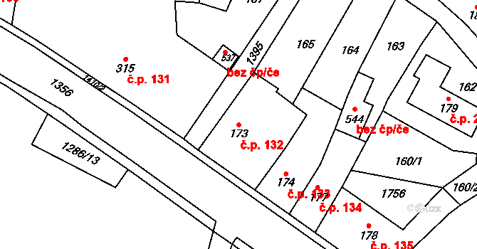 Miletín 132 na parcele st. 173 v KÚ Miletín, Katastrální mapa