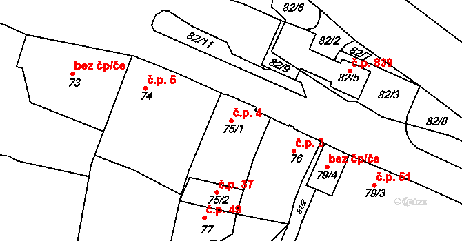 Krásné Březno 4, Ústí nad Labem na parcele st. 75/1 v KÚ Krásné Březno, Katastrální mapa