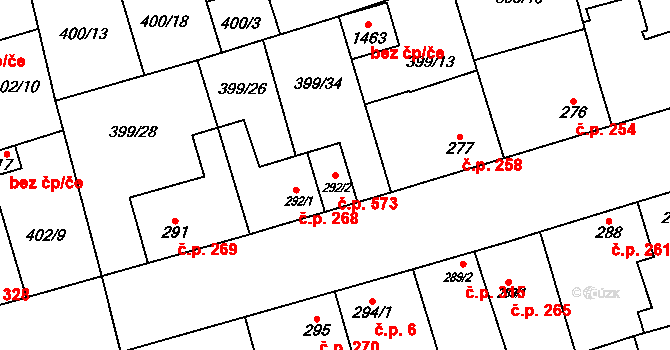 Veltrusy 573 na parcele st. 292/2 v KÚ Veltrusy, Katastrální mapa