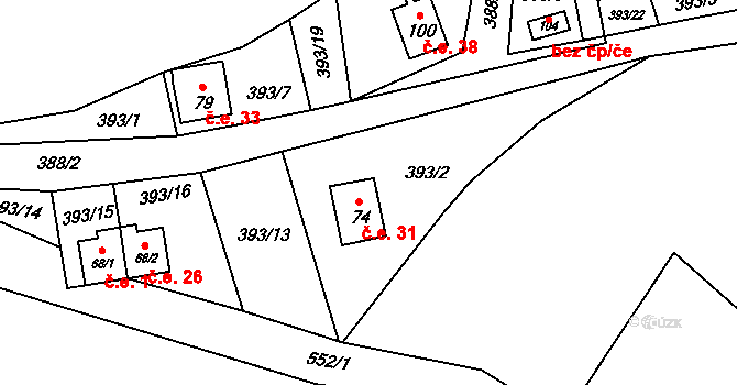 Mutyněves 31, Blažejov na parcele st. 74 v KÚ Mutyněves, Katastrální mapa