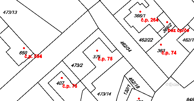 Borohrádek 75 na parcele st. 375 v KÚ Borohrádek, Katastrální mapa