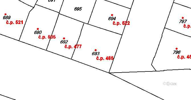 Vršovice 485, Praha na parcele st. 693 v KÚ Vršovice, Katastrální mapa