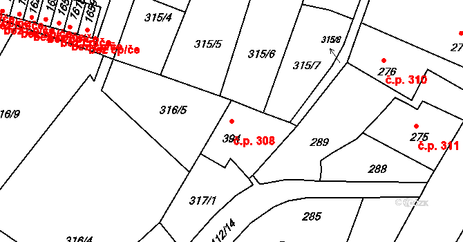 Rožmitál pod Třemšínem 308 na parcele st. 394 v KÚ Rožmitál pod Třemšínem, Katastrální mapa