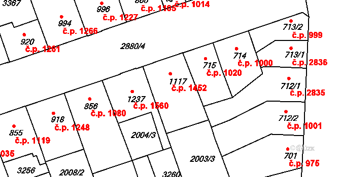 Hodonín 1452 na parcele st. 1117 v KÚ Hodonín, Katastrální mapa