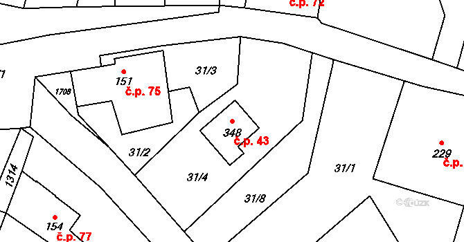Pilníkov 43 na parcele st. 348 v KÚ Pilníkov I, Katastrální mapa