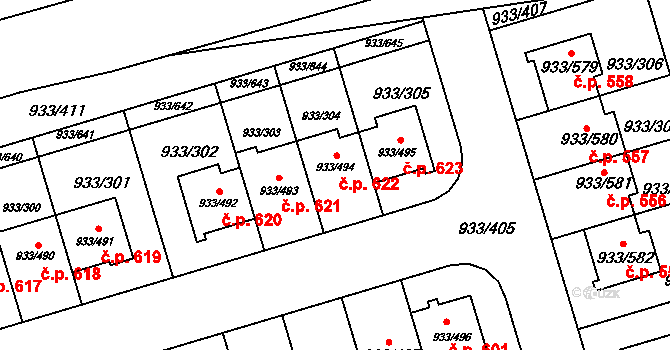 Satalice 622, Praha na parcele st. 933/494 v KÚ Satalice, Katastrální mapa