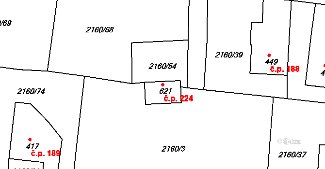 Horní Lideč 224 na parcele st. 621 v KÚ Horní Lideč, Katastrální mapa
