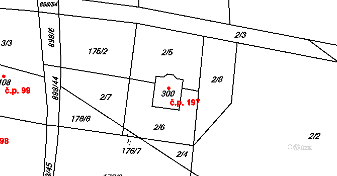 Tuněchody 197 na parcele st. 300 v KÚ Tuněchody, Katastrální mapa