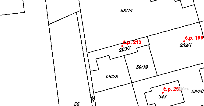 Úžice 213 na parcele st. 209/2 v KÚ Úžice u Kralup nad Vltavou, Katastrální mapa