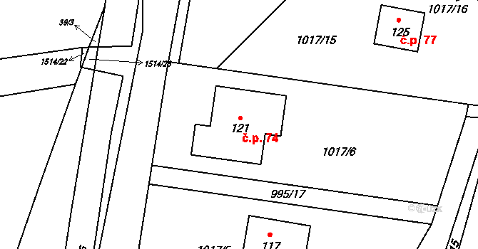 Kamenička 74, Kamenice na parcele st. 121 v KÚ Kamenička, Katastrální mapa