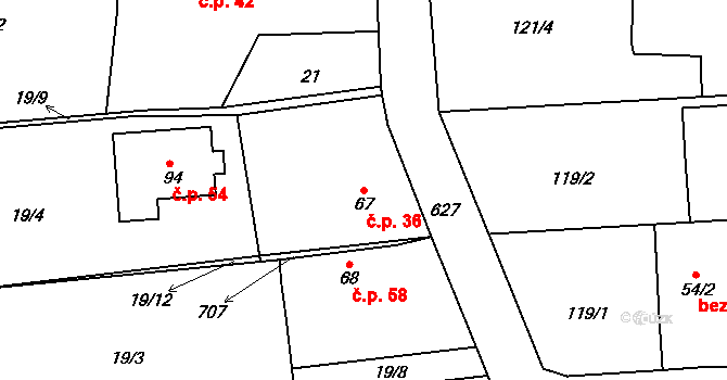 Rožnov 36 na parcele st. 67 v KÚ Rožnov, Katastrální mapa