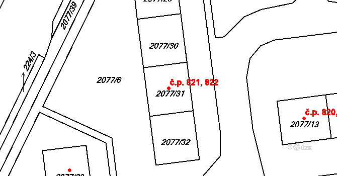 Třemošná 821,822 na parcele st. 2077/32 v KÚ Třemošná, Katastrální mapa