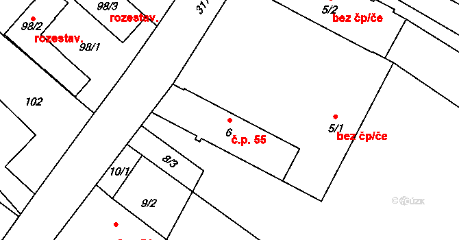 Jestřabí 55, Fulnek na parcele st. 6 v KÚ Jestřabí u Fulneku, Katastrální mapa