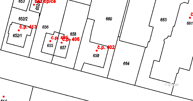 Kamenice nad Lipou 402 na parcele st. 659 v KÚ Kamenice nad Lipou, Katastrální mapa