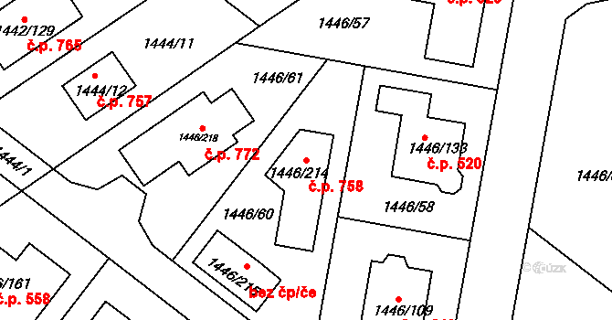 Troubsko 758 na parcele st. 1446/214 v KÚ Troubsko, Katastrální mapa