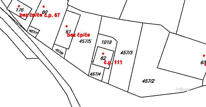 Bohdalín 111 na parcele st. 62 v KÚ Bohdalín, Katastrální mapa