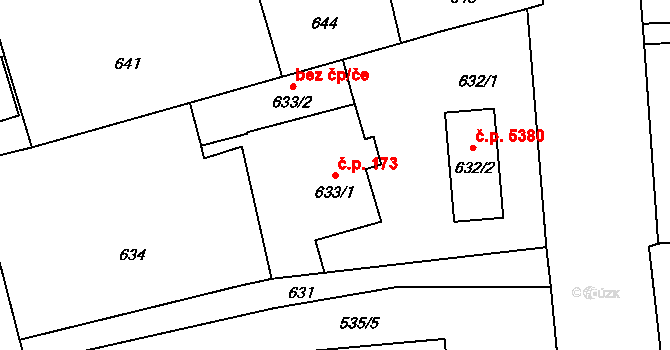 Rýnovice 173, Jablonec nad Nisou na parcele st. 633/1 v KÚ Rýnovice, Katastrální mapa