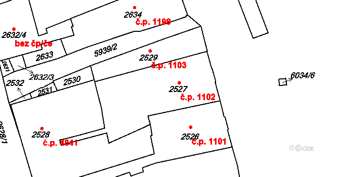 Jihlava 1102 na parcele st. 2527 v KÚ Jihlava, Katastrální mapa