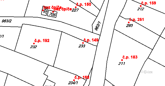 Rožďalovice 149 na parcele st. 233 v KÚ Rožďalovice, Katastrální mapa