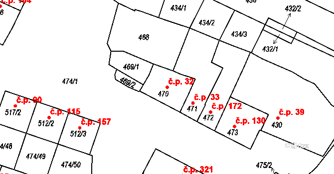 Milokošť 32, Veselí nad Moravou na parcele st. 470 v KÚ Milokošť, Katastrální mapa