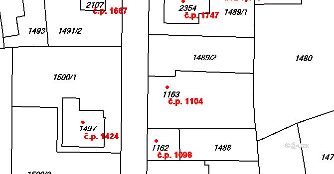Brandýs nad Labem 1104, Brandýs nad Labem-Stará Boleslav na parcele st. 1163 v KÚ Brandýs nad Labem, Katastrální mapa