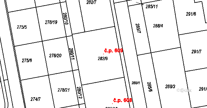 Želešice 609 na parcele st. 282/9 v KÚ Želešice, Katastrální mapa