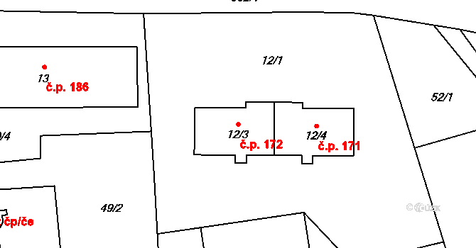 Příšovice 172 na parcele st. 12/3 v KÚ Příšovice, Katastrální mapa