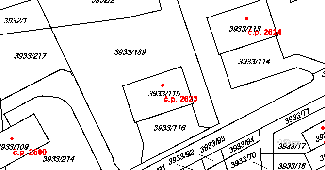 Roudnice nad Labem 2623 na parcele st. 3933/115 v KÚ Roudnice nad Labem, Katastrální mapa