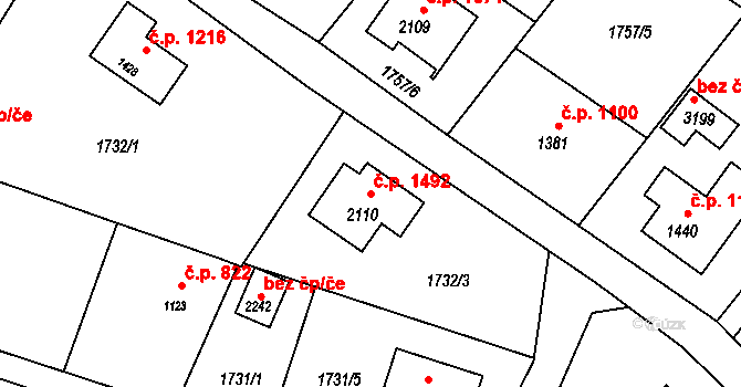Rožnov pod Radhoštěm 1492 na parcele st. 2110 v KÚ Rožnov pod Radhoštěm, Katastrální mapa