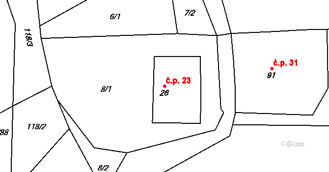 Přečín 23, Vacov na parcele st. 26 v KÚ Přečín, Katastrální mapa