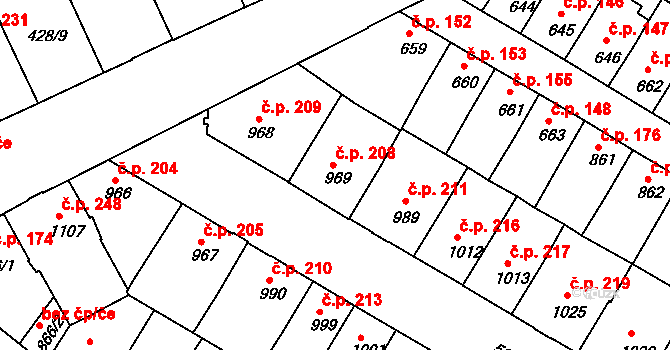 Stařečka 208, Třebíč na parcele st. 969 v KÚ Třebíč, Katastrální mapa