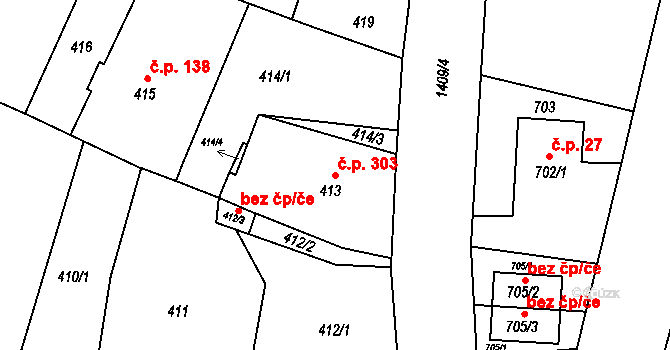 Pudlov 303, Bohumín na parcele st. 413 v KÚ Pudlov, Katastrální mapa