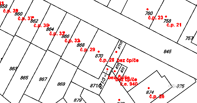 Černá Pole 28, Brno na parcele st. 870/1 v KÚ Černá Pole, Katastrální mapa