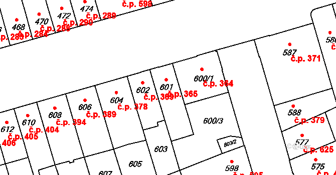 Maloměřice 365, Brno na parcele st. 601 v KÚ Maloměřice, Katastrální mapa