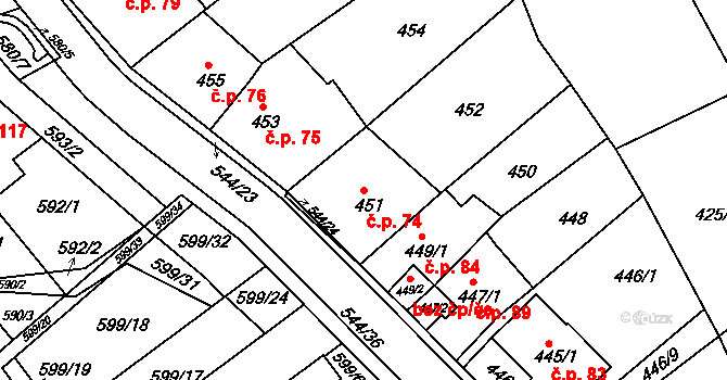 Mokrá Hora 74, Brno na parcele st. 451 v KÚ Mokrá Hora, Katastrální mapa